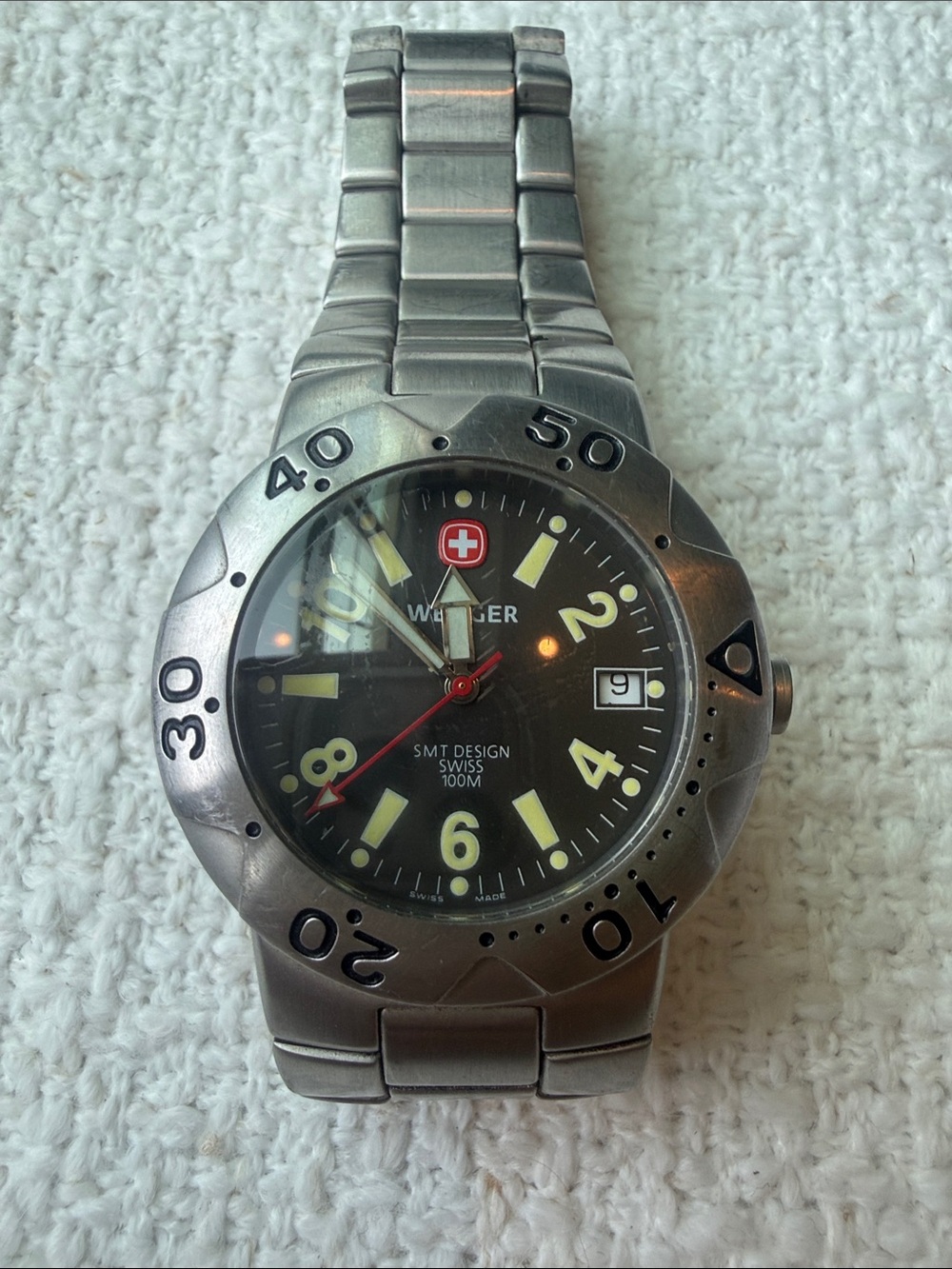 Vintage Wenger Black Dial Stainless Steel Dive Watch